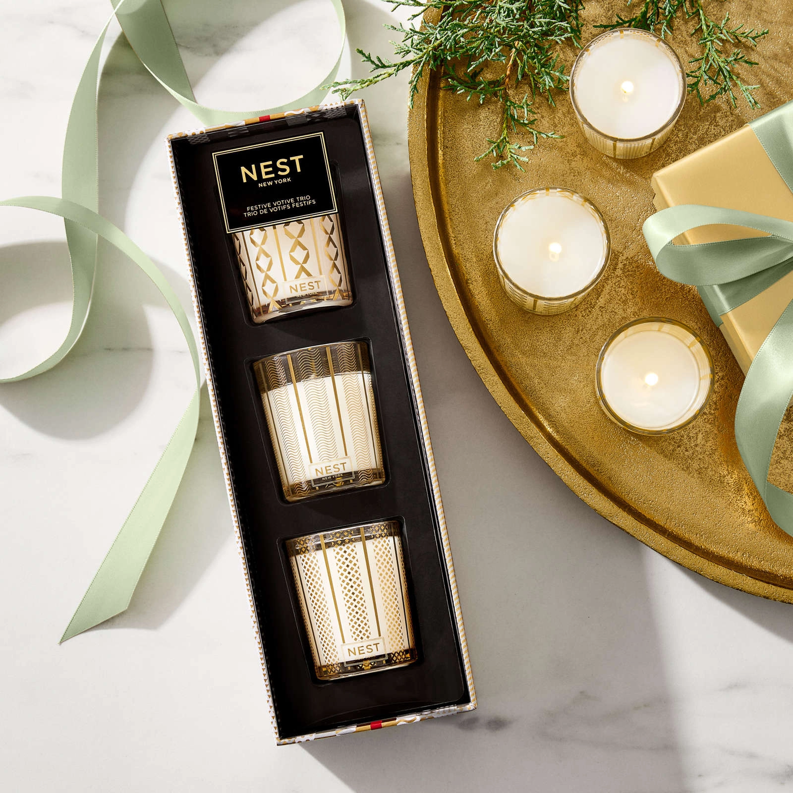 Festive Votive Trio by NEST New York - Holiday, Birchwood Pine & Crystallized Ginger Scents - Image 2