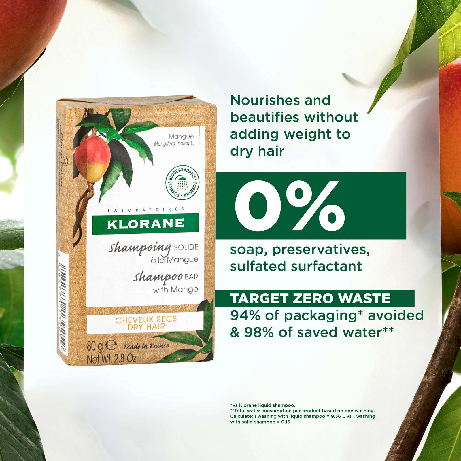 Klorane Mango Butter Shampoo Bar - Nourishing for Dry Hair, Eco-Friendly, 400ml Equivalent - Image 2