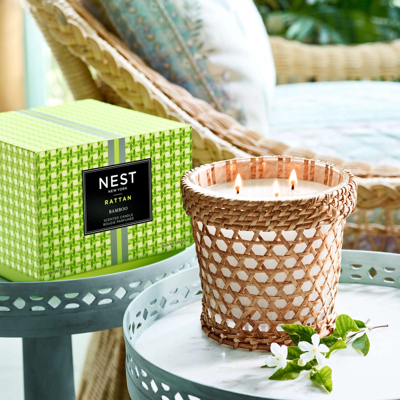 NEST New York Rattan Bamboo 3-Wick Candle with Handcrafted Sleeve - Luxurious Floral & Citrus Aroma - Image 3
